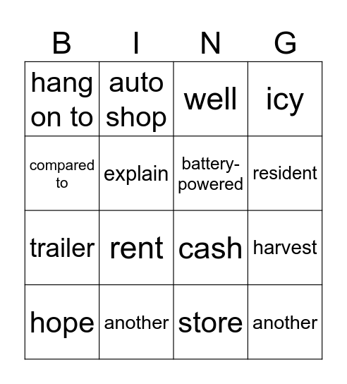 vocabulary bingo Card