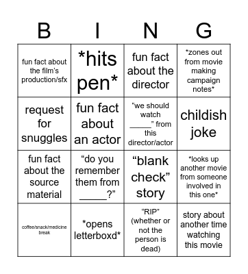 Xander Watching Movies Bingo Card