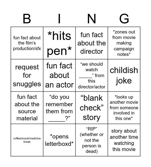 Xander Watching Movies Bingo Card