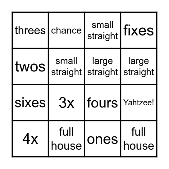 Yahtzee Bingo Card