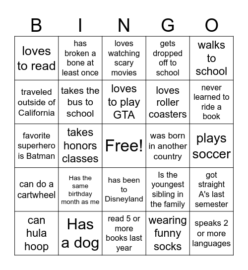 Get to Know You! Bingo Card