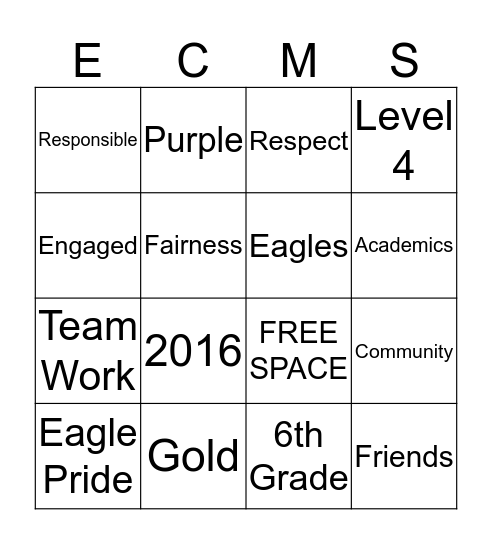 6th Grade ECMS Bingo Card