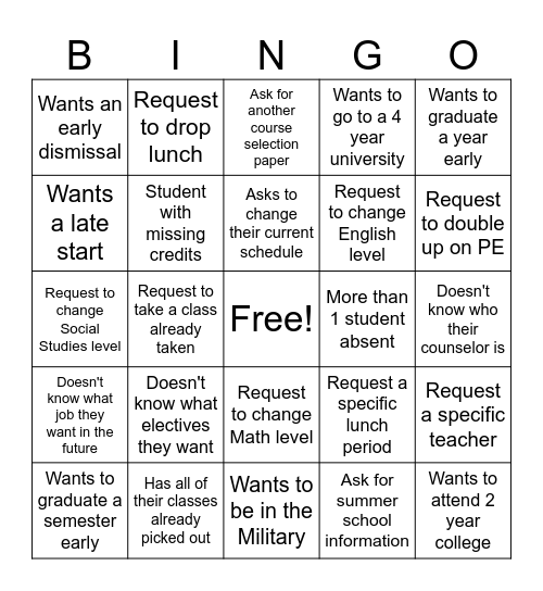 Course Selection Bingo 2024 Bingo Card