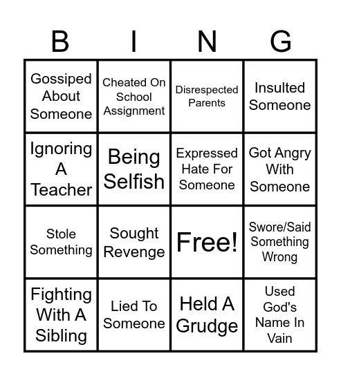 Confession & Forgiveness Bingo Card