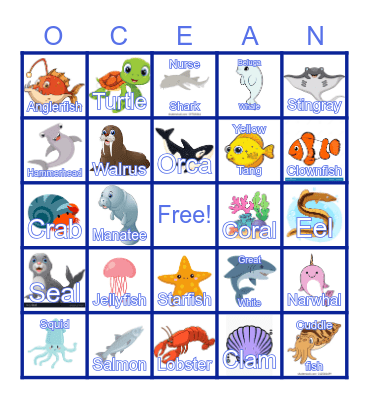 Ocean Animals Bingo Card