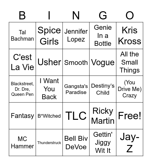 90's Music Bingo Card