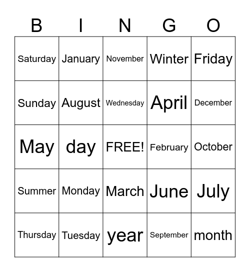 Months of the Year/Days of the Week Bingo Card