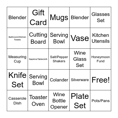 Bridal Bingo Card