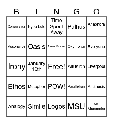 Rhetorical Devices Bingo Card