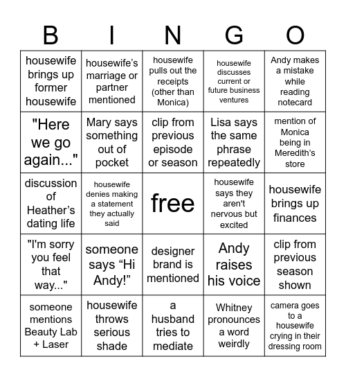 RHOSLC Reunion Part 1 Bingo Card