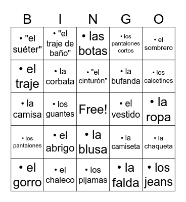 La ropa Bingo Card