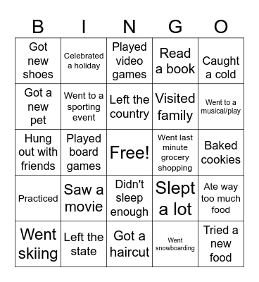 Winter Break BINGO Card