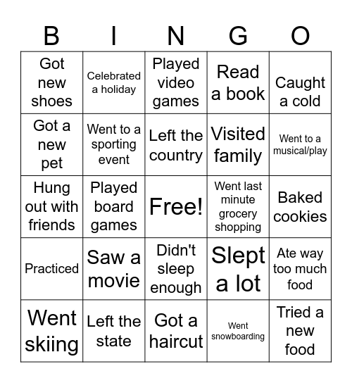 Winter Break BINGO Card