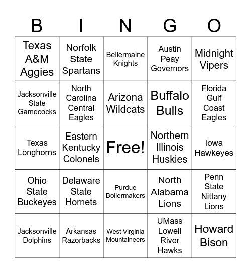 64 - College Teams Bingo Card