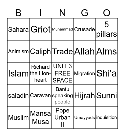 Unit 3  Bingo Card