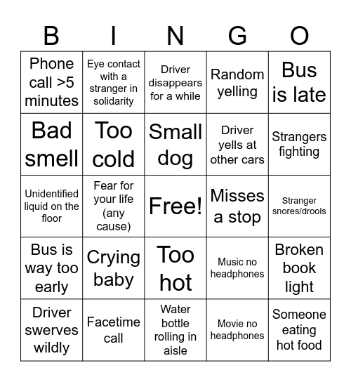 Bus Bingo Card