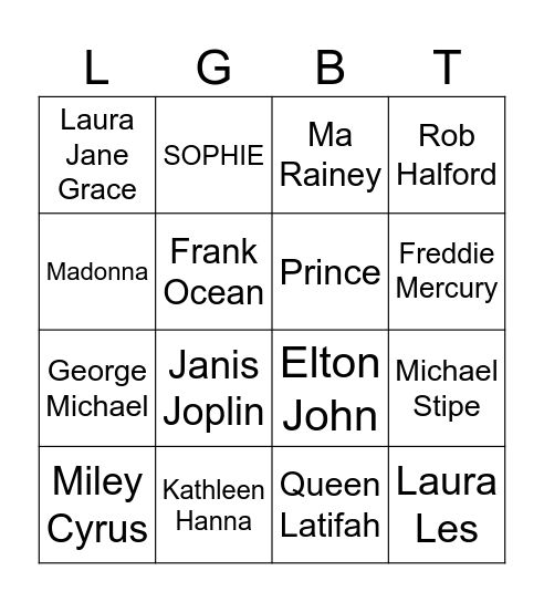 LGBT Muscicians Bingo Card
