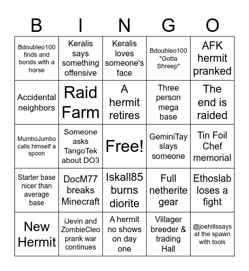 Hermitcraft XI day one Bingo Card