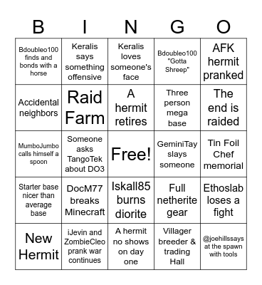 Hermitcraft XI day one Bingo Card