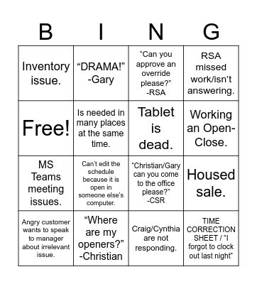 MANAGER Bingo Card