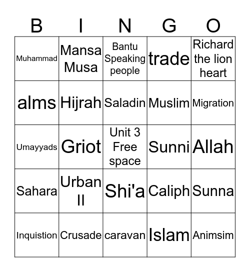 Unit 3 Bingo Card