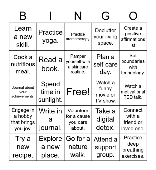 Self-Care Bingo Card