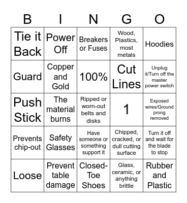 General Safety BINGO Card