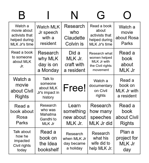 Martin Luther King Jr Bingo Card