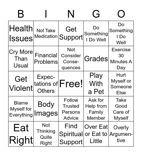 Coping Skills Bingo Card