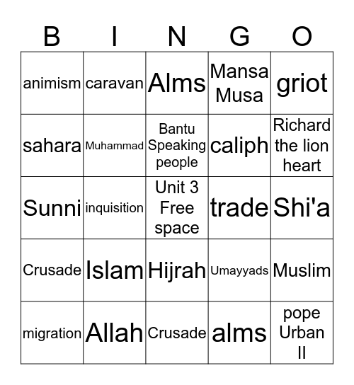 Unit 3  Bingo Card