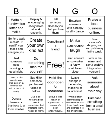 Random Acts of Kindness Bingo Card