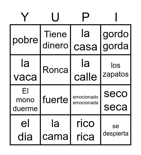 La Vaca y El Mono TPRS Bingo Card