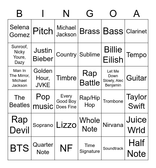 Music Bingo - Adolescent Bingo Card