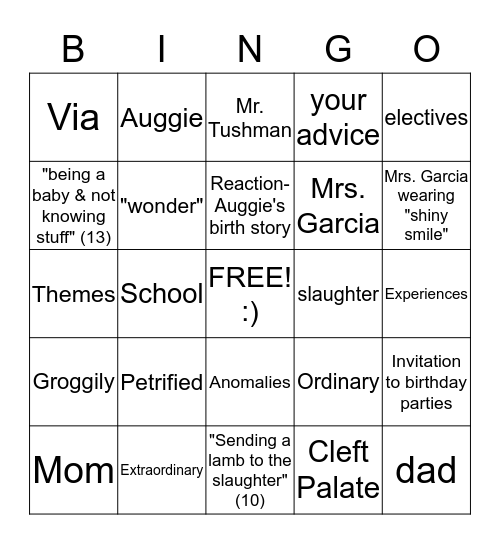 Book Club "Wonder" Bingo Card