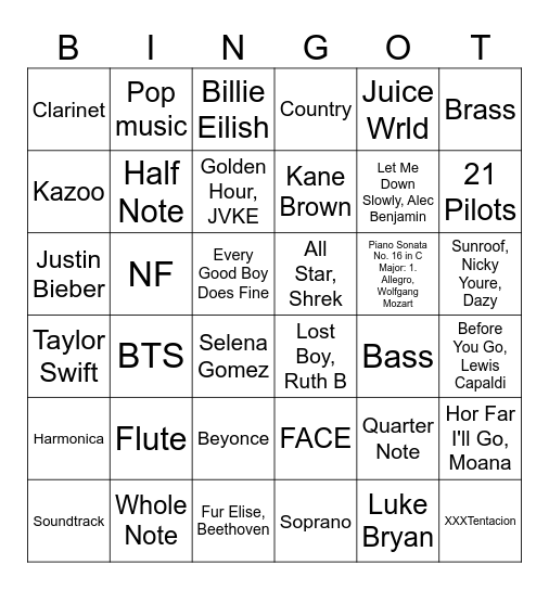 Music Bingo - Adolescent Bingo Card
