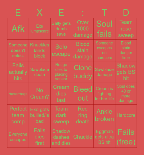 Sonic.EXE: The Disaster bingo Card