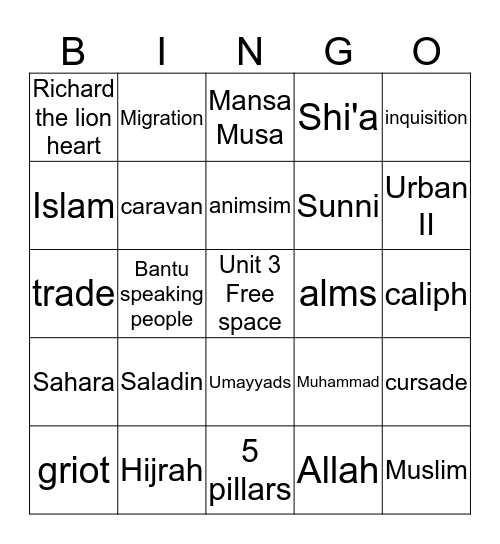 Unit 3  Bingo Card