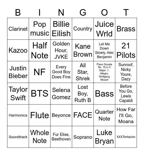 Music Bingo - Adolescent Bingo Card