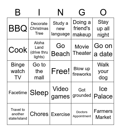 Winter Break Bingo Card