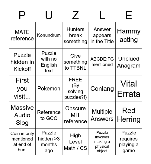 Mystery Hunt Bingo Card