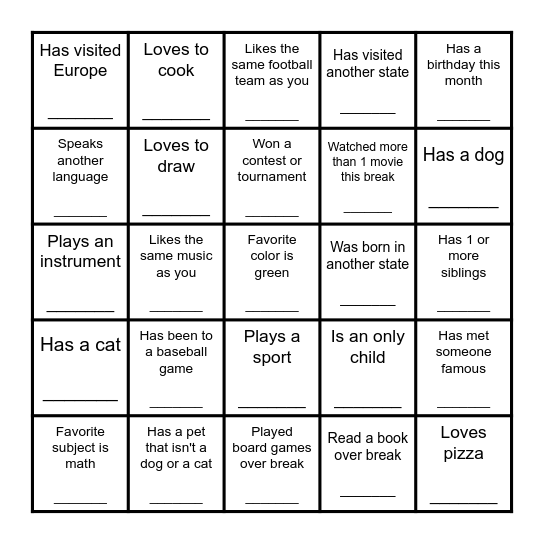 Human Scavenger Hunt Bingo Card