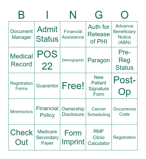 DHR Health Clinics Registration Bingo Card