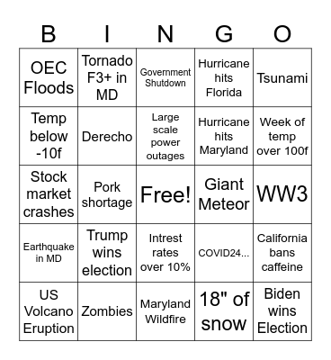 Christopher 2024 Disaster Bingo Card