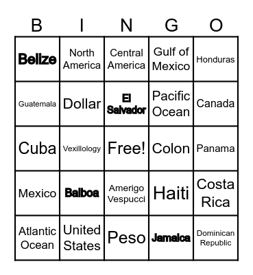 North and Central America Bingo Card