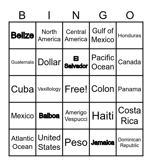 North and Central America Bingo Card