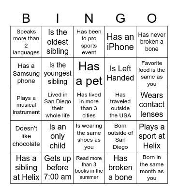 Classmate Bingo Card