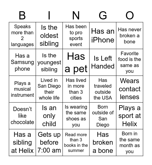 Classmate Bingo Card