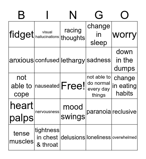 anxiety (a) Bingo Card