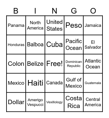 North and Central America - 3 Bingo Card