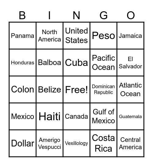 North and Central America - 3 Bingo Card